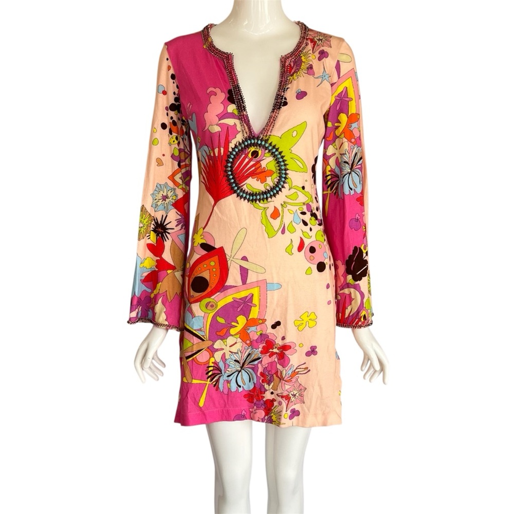 Vintage Beaded Mod Tunic Mini Dress Sz S Psychedelic Butterfly Designer Style